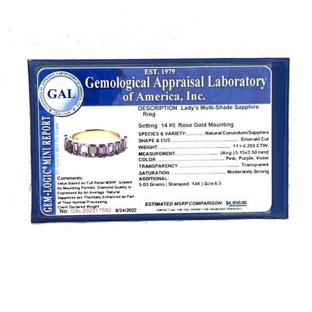 Natural Multi-Shade Sapphire Ring 14k Rose Gold 4.20 TCW Certified, Size 6.5 For Sale - Image 9 of 13