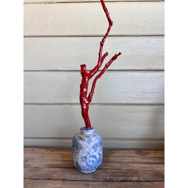 Beautiful post -1950 blue and white ceramic vase with tall custom handmade faux red coral specimen sample. Dramatic and...