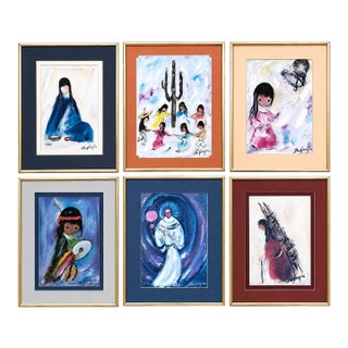 Vintage Ted DeGrazia Framed Print Collection, Set of 6 Southwestern Folk Art Works For Sale
