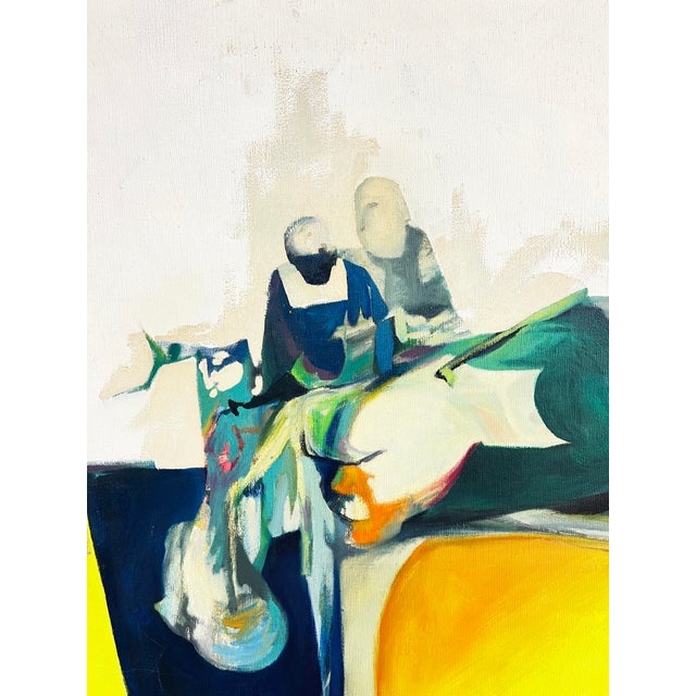 A large abstract figurative modernist painting, signed with initials WLJ in the lower right corner, with a notation on the...