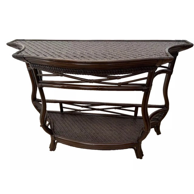 Coastal Vintage Bamboo Rattan Demilune Console Sofa Table Retro 1970s Bottom Shelf For Sale - Image 3 of 11