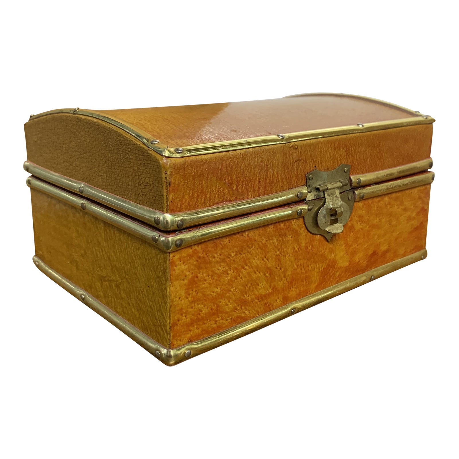 Mid 20th Century Lacquered DomeTop Wooden Box Covered in Pigskin With