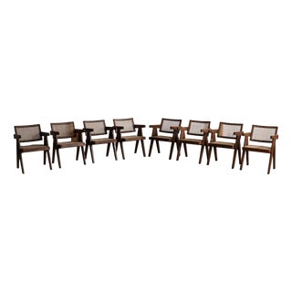 Office Cane Chairs from Pierre Jeanneret, India, 1950s, Set of 8 For Sale