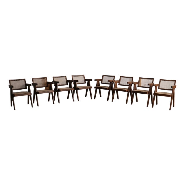 Office Cane Chairs from Pierre Jeanneret, India, 1950s, Set of 8 For Sale