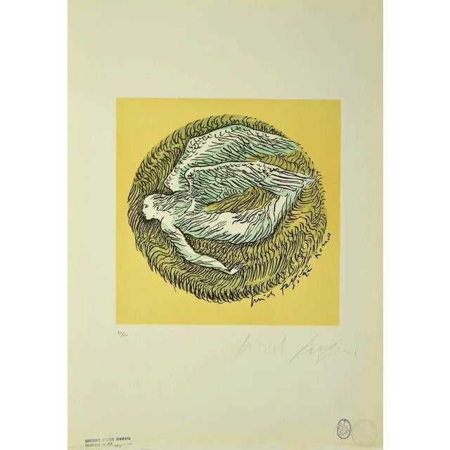 The Angel is a mixed colored prin realized by Pericle Fazzini in 1981. Etching and lithograph. Hand-signed by the artist...