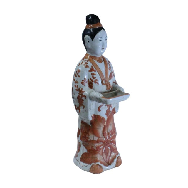 Oriental Vintage Ceramic Standing Lady Holding Dish Figure For Sale - Image 4 of 7