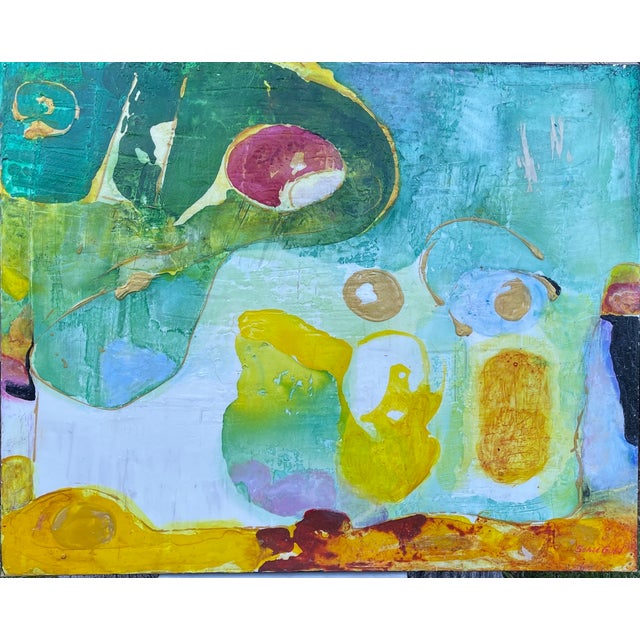 This abstract beautiful mixed media painting by Artist Sonia Gold named "Moss and Sunlight" is a vibrant, evocative...