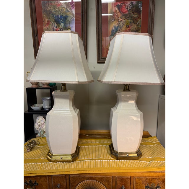 1960s Hollywood Regency Crackle Glaze Lamp Pair For Sale - Image 11 of 11