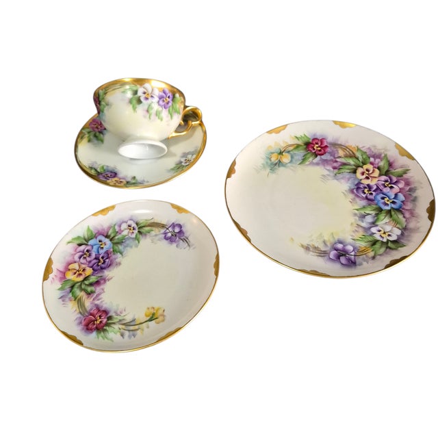 Vintage Plankenhammer Floss Bavaria Painted Pansies Porcelain 4piece Tea, Luncheon, Dessert Set For Sale - Image 10 of 10