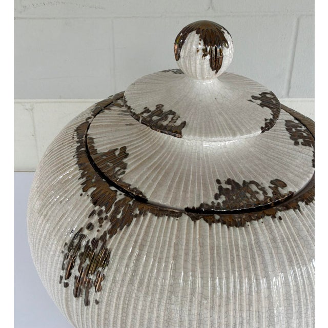 Modern Large Cream Crackle and Bronze Glaze Lidded Jar For Sale - Image 4 of 5