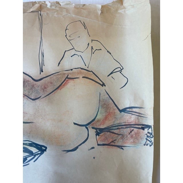 Mid 20th Century Vintage Mid-20th Century Life Drawing of Reclining Nude Woman and Artist in Studio, Mixed Media on Paper. For Sale - Image 5 of 11