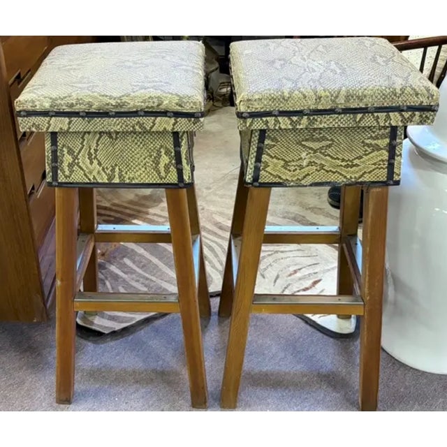 Wood Mid Century Faux Snakeskin Upholstered Wood Stools - Signed and Dated 1971 For Sale - Image 7 of 15