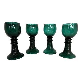 Set of 4 Antique Bristol Green Wine Glasses, Hand Blown Mid-19th Century Roemers For Sale