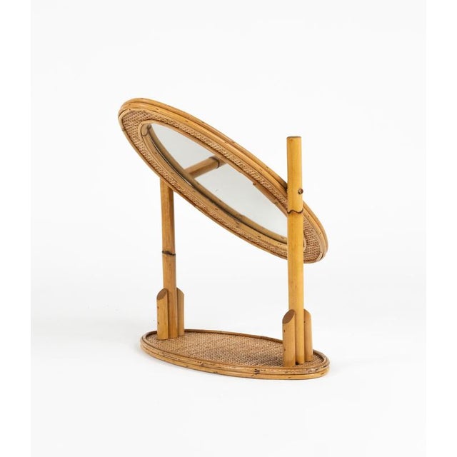 Mid-Century Oval Table Vanity Mirror in Bamboo, Rattan and Wicker, Italy, 1970s For Sale - Image 9 of 11