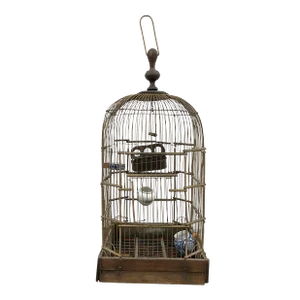 Brass and Wood Base Birdcage With Porcelain Feeders Circa 1920's