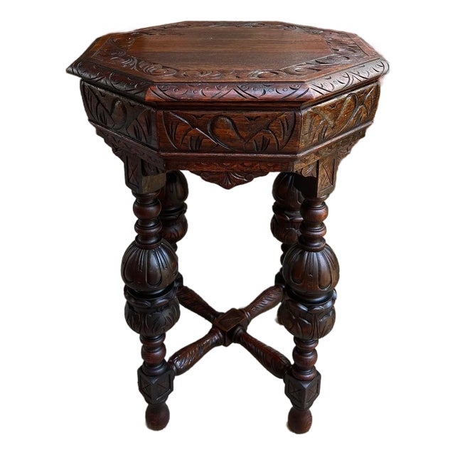Petite Antique French Octagon Center Side Table Renaissance Carved Oak C1890 For Sale