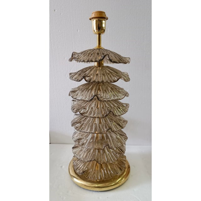 2000 - 2009 Mid-Century Murano Round Smoky Art Glass and Brass Table Lamp For Sale - Image 5 of 10