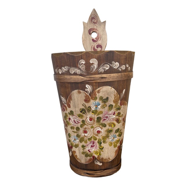 Mid 20th Century Hand Painted Floral Wood Folk Art Umbrella Stand For Sale