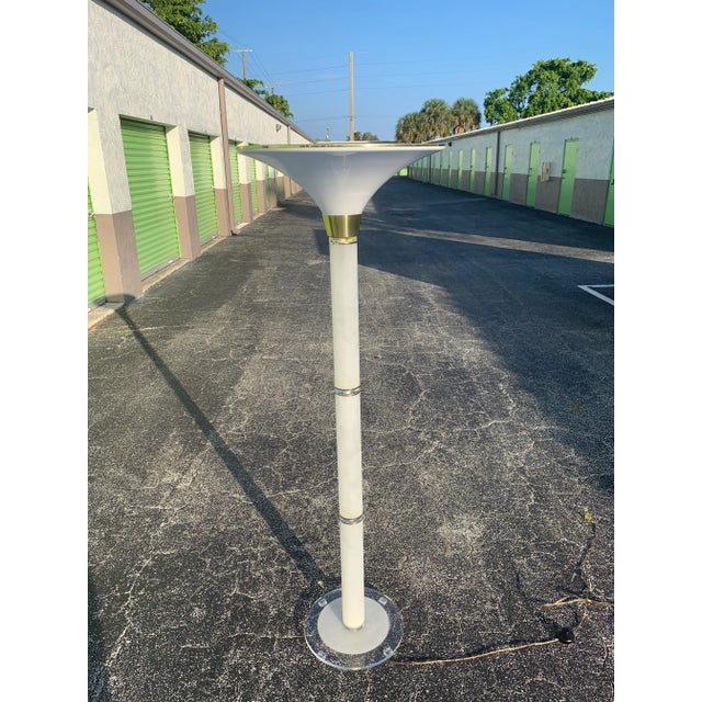 Rare mid century modern frosted lucite torchiere floor lamp with accents of clear lucite and brass. White plastic shade...