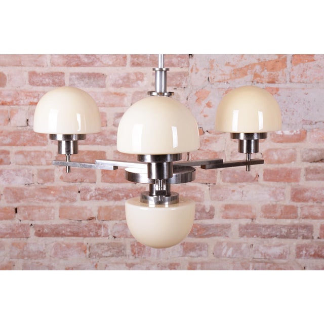 Metal Art Deco Chandelier in Chrome-Plated Steela and Opaline Glass, Czech, 1930s For Sale - Image 7 of 11