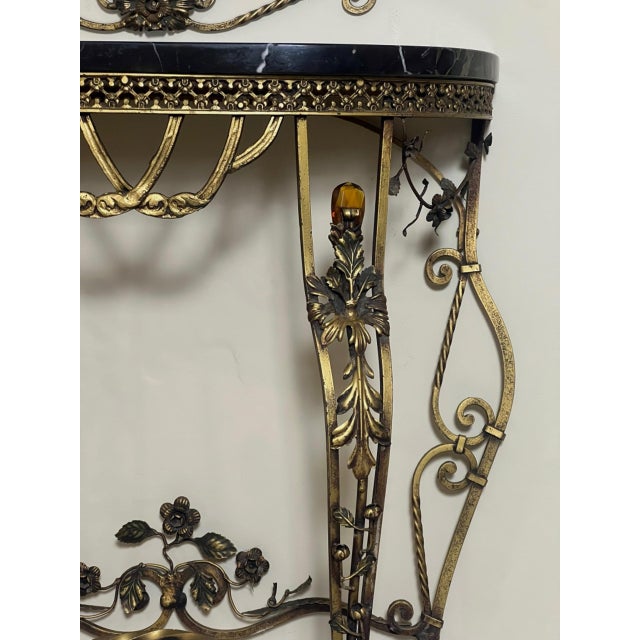 1920s Oscar Bach Gilded Iron Console and Beveled Mirror Set With Black Marble Top, Attributed For Sale - Image 9 of 18