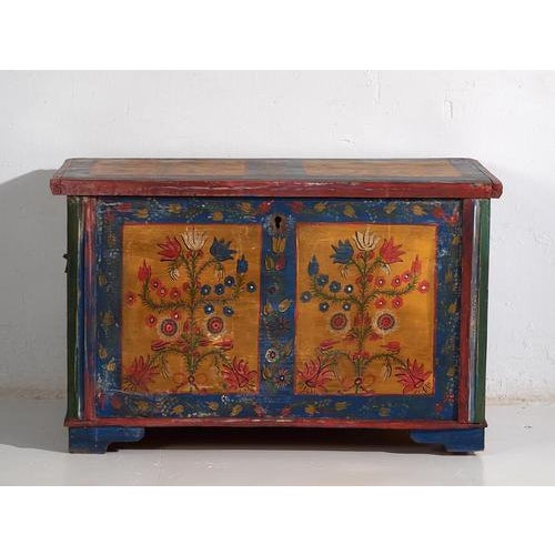 Wood Antique Folk Art Style Chest with Floral Motifs, 1920s For Sale - Image 7 of 12