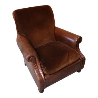 Distressed Leather and Velvet Reading Chair For Sale