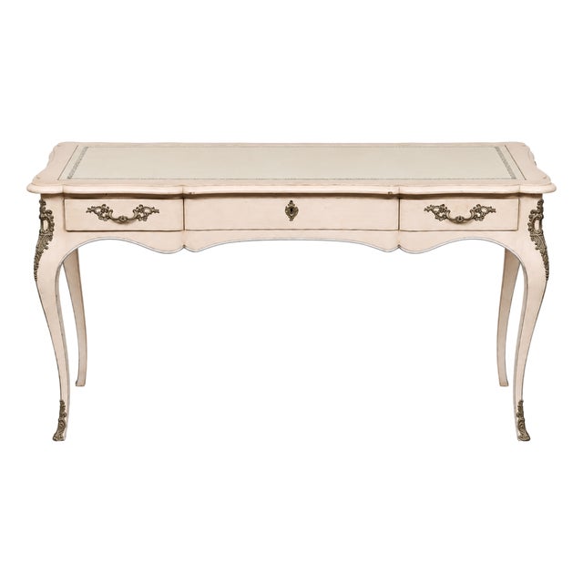 Vintage John Widdicomb Factory Custom Blush Pink Louis XV Style Tooled Leather Top Writing Desk For Sale