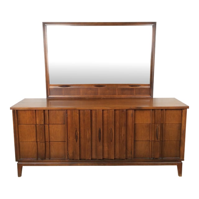 Mid Century Modern Lowboy Dresser With Mounted Mirror by Thomasville For Sale