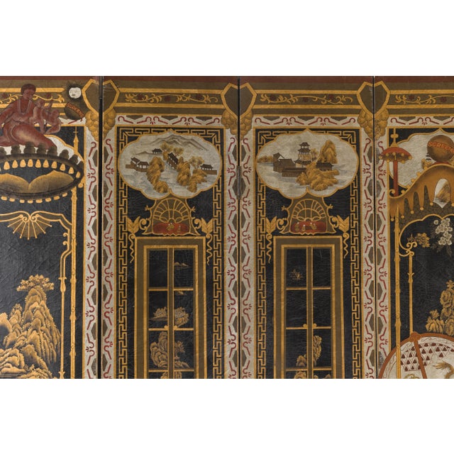 Late Qing Lacquered Six-Panel Screen with Gilded Figures and Scenic Motifs For Sale - Image 12 of 12