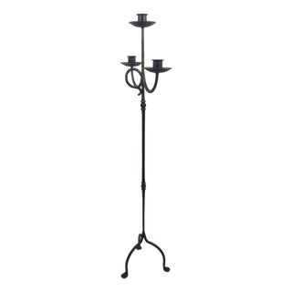 Hand Forged Iron Floor Candelabra 49″ (124cm) Antique Copper Patina 3-Arm Compact Scroll Candle Holder Decor For Sale