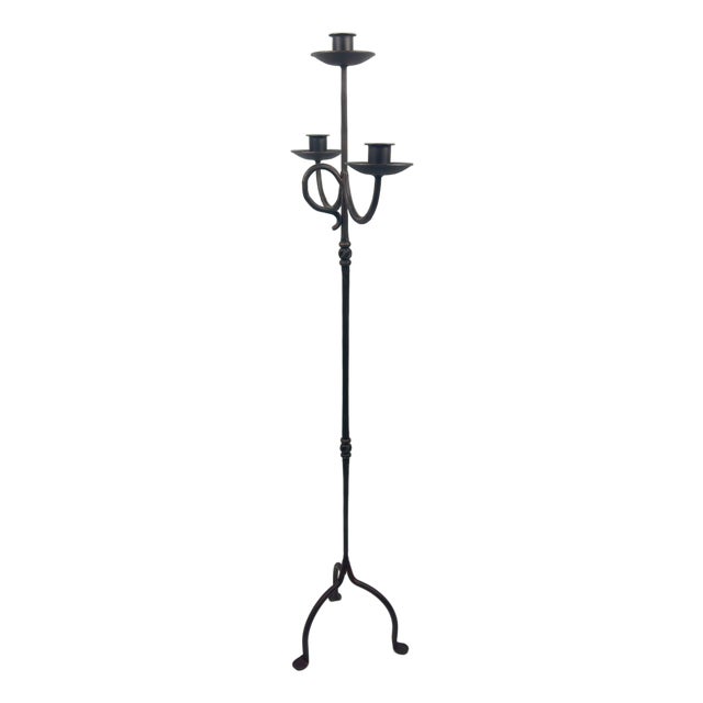Hand Forged Iron Floor Candelabra 49″ (124cm) Antique Copper Patina 3-Arm Compact Scroll Candle Holder Decor For Sale
