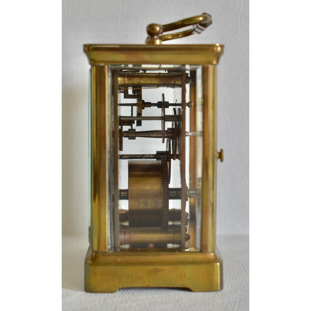 Brass Corniche Carriage Clock Antique French Beveled Glass Mechanical For Sale - Image 12 of 15