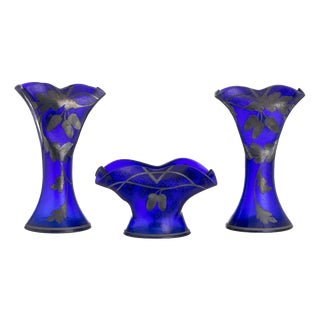 Glass and Crystal Vases and Flower Stand, Set of 3 For Sale