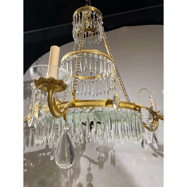 1920s Empire Bronze 6 Lights Chandelier With Hanging Crystals For Sale - Image 4 of 6