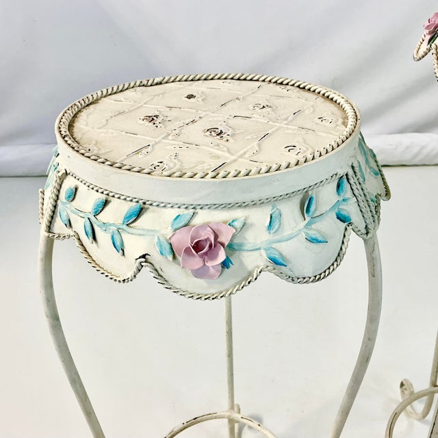 French Country 1950s Vintage French Style Boho Chic Scalloped Tole Rose Plant Stands - Set of 2 For Sale - Image 3 of 18