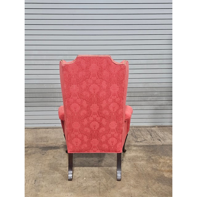 Wood Baker Mahogany Queen Anne Style Wing Chair Damask Needlepoint Fabric For Sale - Image 7 of 10