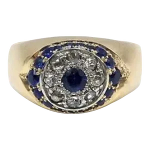 14K Victorian Era Signature Evil Eye Ring with Diamonds & Sapphires Size 7.75