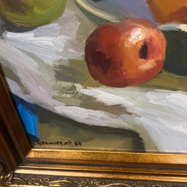 Paint 20th Century European School Impressionist Oil on Artist Board Tabletop Still Life Vase and Fruits Framed Signed For Sale - Image 7 of 9