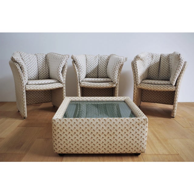 3 upholstered armchairs with removable covers and coffee table with glass top b&b italia style by mario bellini 70's...