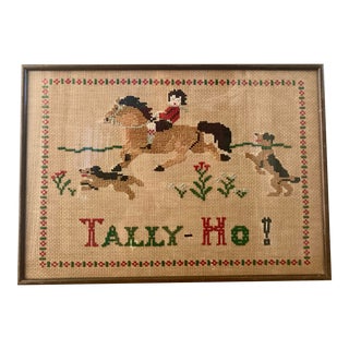 Vintage English Textile Art Framed Needlepoint Tally Ho Hunt Scene For Sale