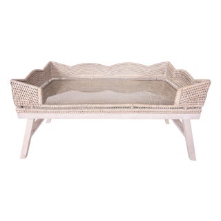 Artifacts Rattan Scallop Design Breakfast Tray with Wooden Legs with Glass insert, White Wash For Sale