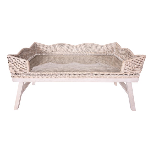 Artifacts Rattan Scallop Design Breakfast Tray with Wooden Legs with Glass insert, White Wash For Sale