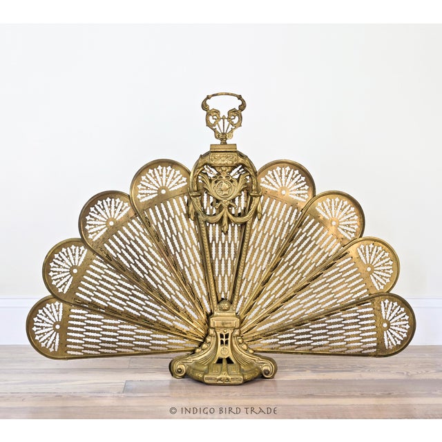 Antique Victorian Cameo Brass Peacock Folding Fan Fireplace Screen For Sale - Image 4 of 11