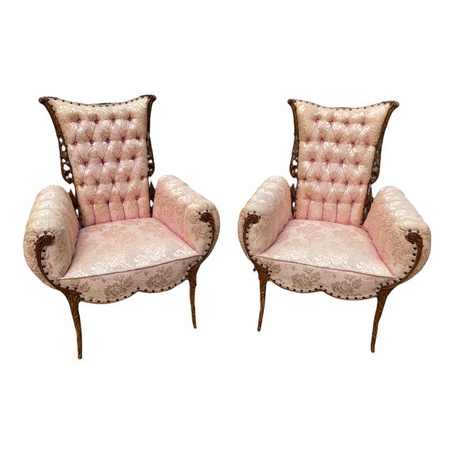 Early 20th Century Bergere Chairs in Original Silk Brocade by Grosfeld House - Set of 2 For Sale