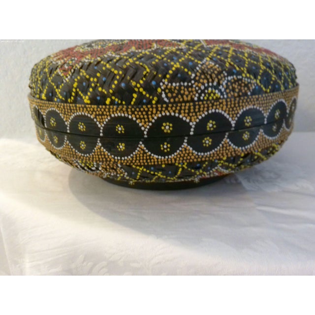 Vintage Hand-Painted Dot Art Boho Lidded Rattan Basket For Sale In West Palm - Image 6 of 7