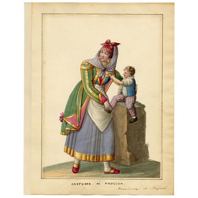 Michela De Vito, Costume of Procida, Province of Naples, 1800s, Watercolour For Sale - Image 4 of 7