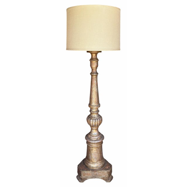 19th Century Antique White Gold Giltwood Floor Lamp W Custom Shade For Sale - Image 5 of 5