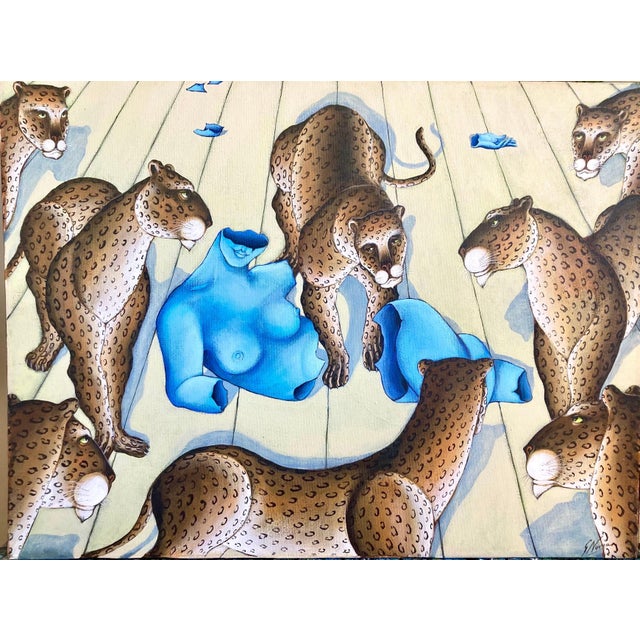 Gustavo Novoa, Leopards Nude Venus Animal Paradise Jungle Painting Surrealist Art Gustavo Novoa, 2001 For Sale