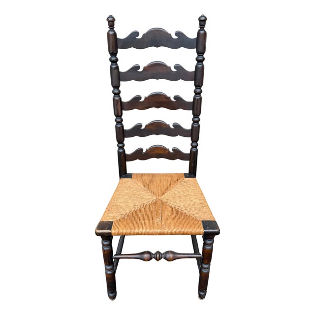 Antique English High Ladder Back Rush Seat Side Chair For Sale